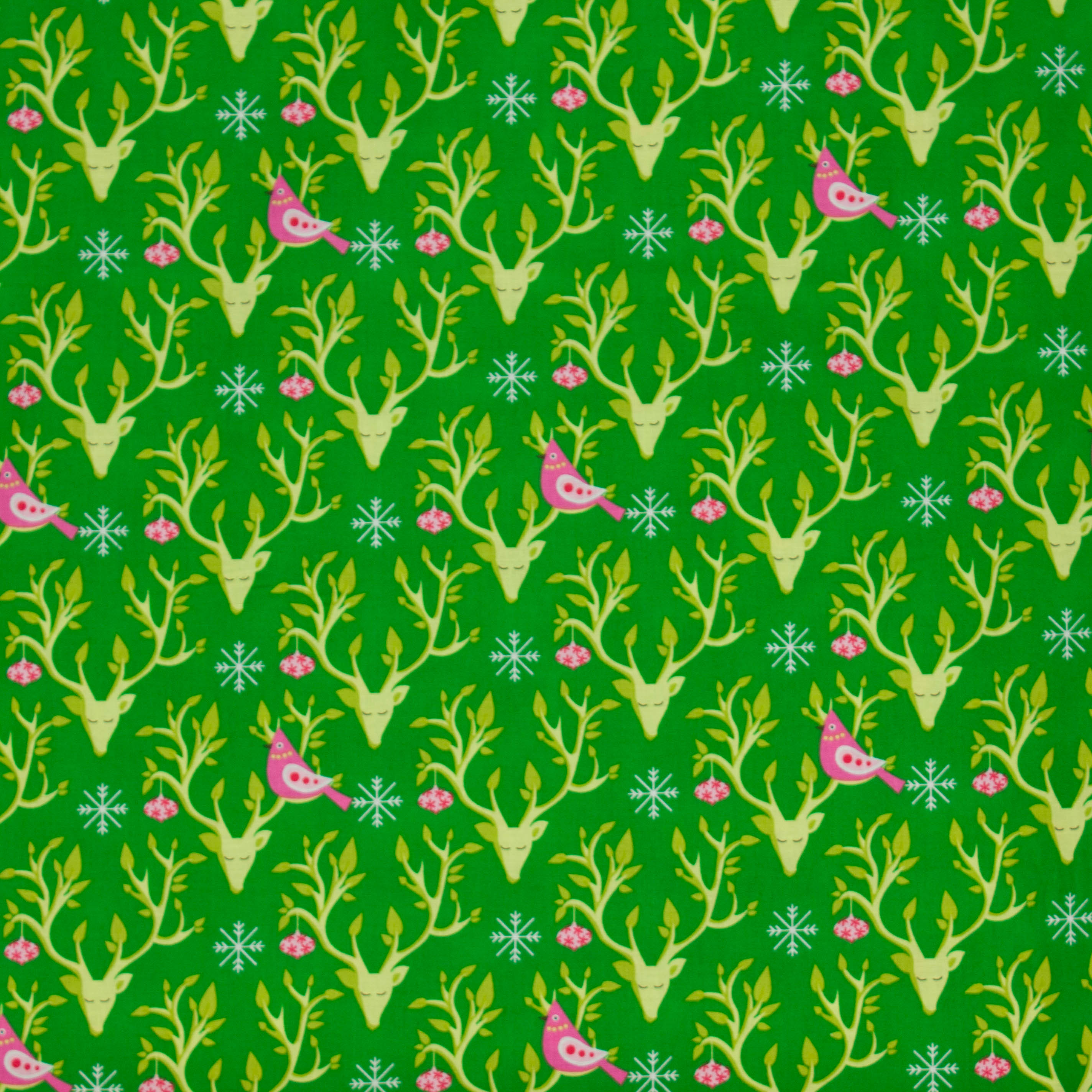 Katoen groen met rendieren en roze vogels